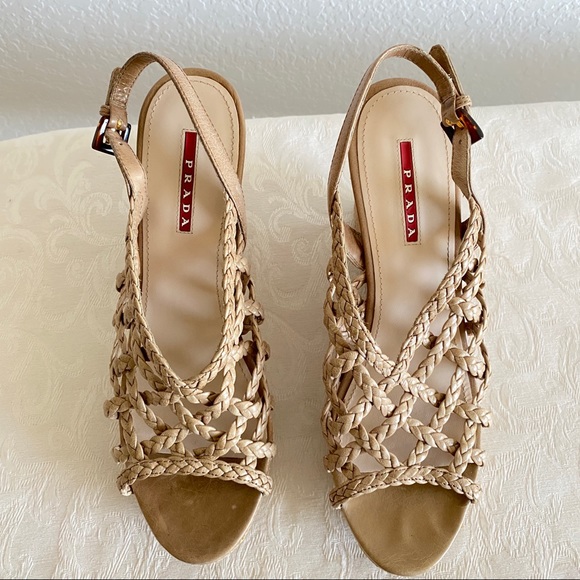 Prada beige Braided Leather Cage Wedge platform Espadrille Sandals - Picture 2 of 11